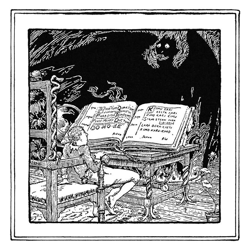 An illustration of someone reading an oversized book with a dmeon in the background